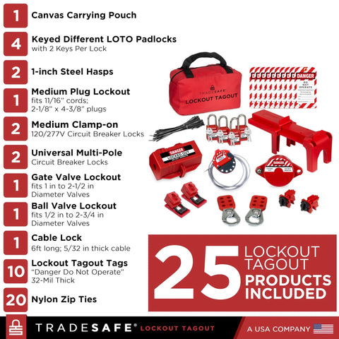 OSHA Compliant Lockout Tagout Kit with 25 Devices and Carrying Bag, LOTO Locks for Circuit Breakers and Valves, includes Keys