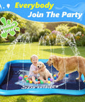 Child and dog playing on Backyard Splash Pad Sprinkler for kids and dogs with an 85 inch thickened square play mat outdoors.