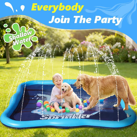 Child and dog playing on Backyard Splash Pad Sprinkler for kids and dogs with an 85 inch thickened square play mat outdoors.