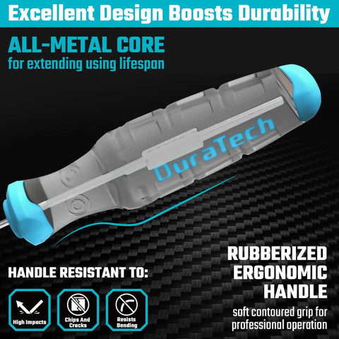 4-Piece Hook and Pick Set ergonomic gray handle with blue accents, rubberized grip, and all-metal core durability
