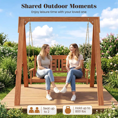 Two Seater Porch Swing With Stand, Solid Wood Patio Loveseat With Adjustable Chains and Built In Backrest On Patio