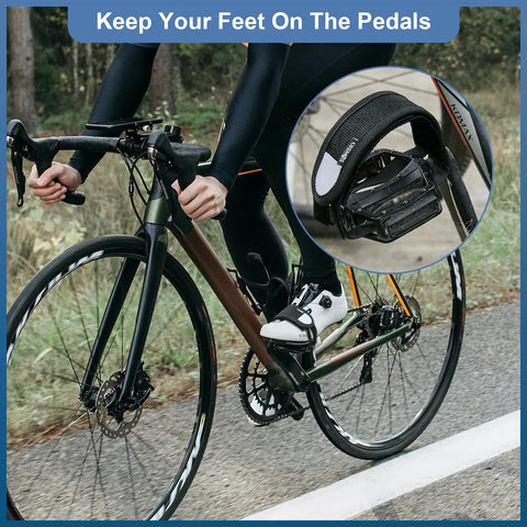 Cyclist using Adjustable Bike Pedal Straps For Universal Fit With Reflective Strips Toe Clips And Straps Tape For Outdoor Cycling And Fixed Gear Must Have Bike Accessories on road