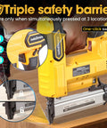 Close-up of cordless brad nailer showing triple safety feature and one-click switch for secure operation. Cordless Brad Nailer Built Tough For Long Shifts With No Sweat Toggle Between Single Tap And Rapid Fire Modes For Smooth Trim Install And Fast Job Site Wrap Ups.