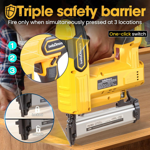 Close-up of cordless brad nailer showing triple safety feature and one-click switch for secure operation. Cordless Brad Nailer Built Tough For Long Shifts With No Sweat Toggle Between Single Tap And Rapid Fire Modes For Smooth Trim Install And Fast Job Site Wrap Ups.