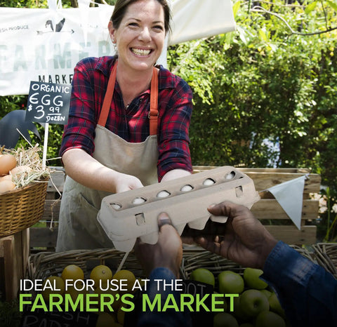 Farmer's market scene with a vendor handing over Egg Cartons With Viewing Windows 15 Pack Holds 180 Eggs Eco Friendly Recyclable Pulp Fiber.