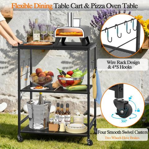 Outdoor Grill Cart With 3 Tier BBQ Prep Table On Wheels, Rolling Outdoor Kitchen Stand, 23.62 Inch By 15.75 Inch Rust Resistant Top