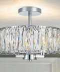Sleek Modern Crystal Semi Flush Mount Chandelier With 12.6 Inch Round Drum Shade, 3 Light E12 Ceiling Fixture In Chrome
