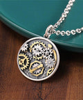 Vintage Style Compass Gear Pendant For Men Made From Real 925 Sterling Silver With Rustic Finish showcasing detailed gears.