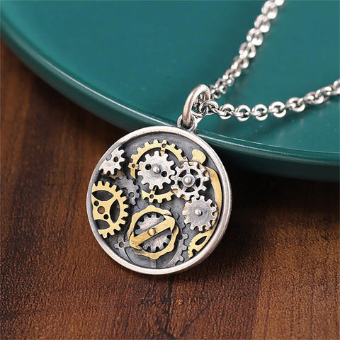 Vintage Style Compass Gear Pendant For Men Made From Real 925 Sterling Silver With Rustic Finish showcasing detailed gears.