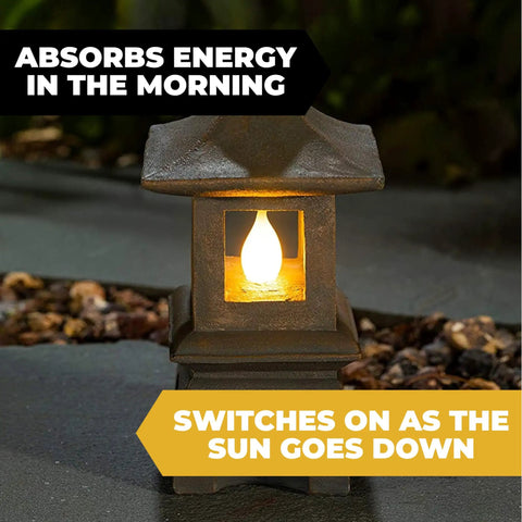 Solar Powered Pagoda Garden Statue With Flickering LED Lantern For Outdoor Yard Patio Or Garden Japanese Zen Decor In Weatherproof Polyresin Durable 12x7x6 Inch Accent, glowing lantern at night.