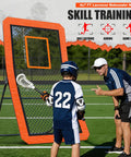 Backyard Lacrosse Rebounder Net 4 By 7 Ft Adjustable With Five Angles And Target Stripe, shown in use on field.