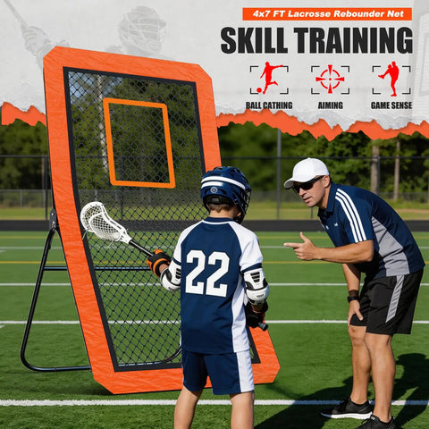 Backyard Lacrosse Rebounder Net 4 By 7 Ft Adjustable With Five Angles And Target Stripe, shown in use on field.