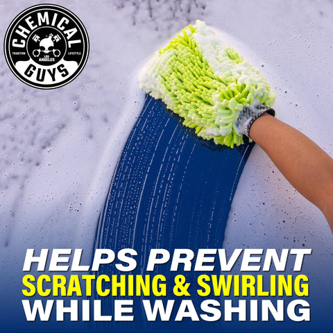 Person using chenille microfiber mitt from Foam Blaster 6 Car Wash Gun And Chenille Microfiber Wash Mitt Kit for swirl-free wash.