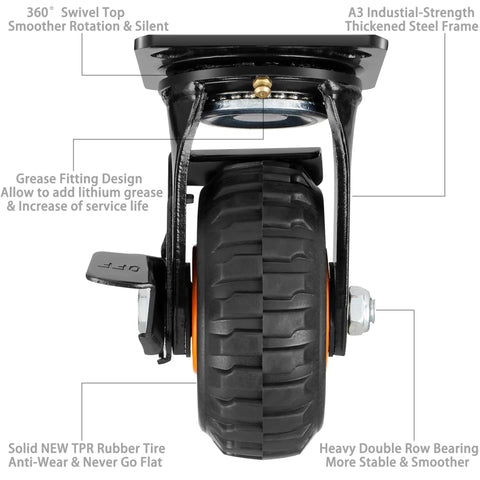 Hella Heavy Duty 5 Inch Caster Wheels Set of 4, Braked Swivel Casters, Solid Rubber Never Flat Tires showing 360 degree swivel top and grease fitting.
