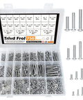 Top Notch 750 Piece Stainless Steel Fastener Set With Phillips Pan Head Screws Sizes 2-56 4-40 6-32 8-32, Plus Nuts And Flat Washers, 304 Stainless Steel Assortment Kit For Home Or Shop Projects in organizing box.