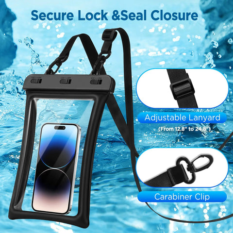 Floatable Waterproof Phone Pouch 2 Pack Up To 10.0 Inch Black And Green Case With IPX8 Seal Snap Lock showing secure lock and lanyard.