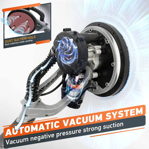 Drywall Sander With 900W Power, 24 Sanding Discs, 6 Speed Settings showing automatic vacuum system for efficient dust removal.