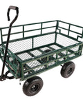 Heavy duty green four wheel trailer with double deck detachable sides and versatile dump bed for farm and garden work.