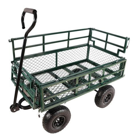 Heavy duty green four wheel trailer with double deck detachable sides and versatile dump bed for farm and garden work.