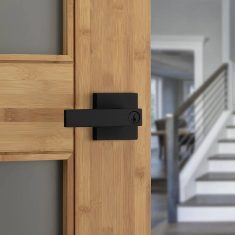 Keyed Entry Door Handle Lock Matte Black Exterior Reversible Lever for Front Door and Bedroom on wooden door