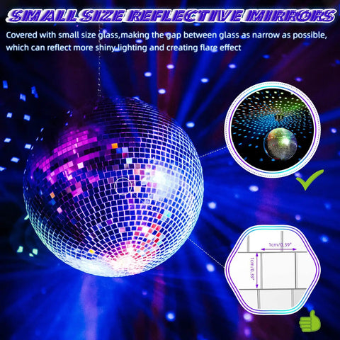 8 Inch Hanging Disco Ball With Motor And Light 6 RPM Rotating Mirror Ball Featuring 4 RGBW Colors And 18 LEDs Battery Powered DJ Club Decor