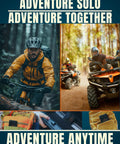 Collage of outdoor adventure scenes with biking, ATVs, and gear emphasizing 'Adventure Solo, Adventure Together' theme.