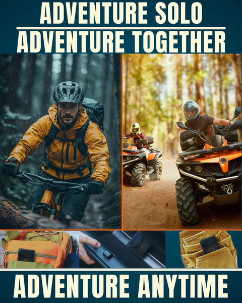 Collage of outdoor adventure scenes with biking, ATVs, and gear emphasizing 'Adventure Solo, Adventure Together' theme.