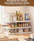 Heavy Duty Expandable Three Tier Kitchen Cabinet Organizer And Pantry Shelf Rack For Plastic Wrap Foil Storage Bags And Snack Boxes, holding jars and bottles.
