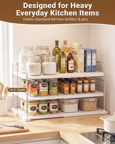 Heavy Duty Expandable Three Tier Kitchen Cabinet Organizer And Pantry Shelf Rack For Plastic Wrap Foil Storage Bags And Snack Boxes, holding jars and bottles.