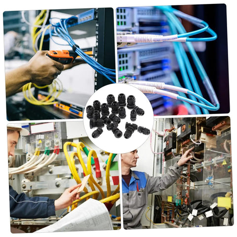 Collage of 20 Pack Nylon Cable Gland Kit Black Waterproof Sealing for electrical cable connections in various settings