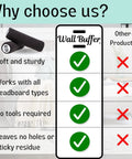 Infographic comparing Heavy Duty Wall Buffer Headboard Protectors Soft Foam Stoppers features to other products.