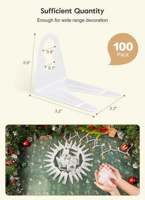 100 Pack Shingle Tab Light Clips For C7 And C9 Christmas Lights with Leaf Guard displayed on festive background