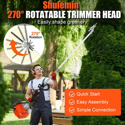 Man using Beast Mode Gas Powered 6 In 1 Weed Eater Yard Tool With 52cc 2 Stroke Engine to trim tall hedge.