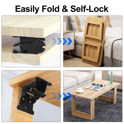 Self Locking Folding Table Hinges 90 Degree Brackets 4 Pack Heavy Duty Black Steel With Nickel Plated Finish for wooden tables.