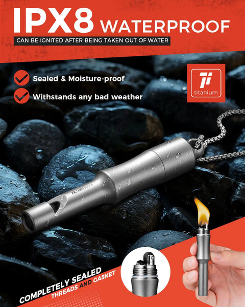 Three In One Fire Starter Survival Tool With Titanium Emergency Whistle Kerosene Lighter And Mini Pill Holder IPX8 Water Resistant
