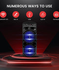 Front view of the Beast 600W Peak Portable Bluetooth PA Speaker System with dual 8-inch subwoofers and 1-inch tweeter.