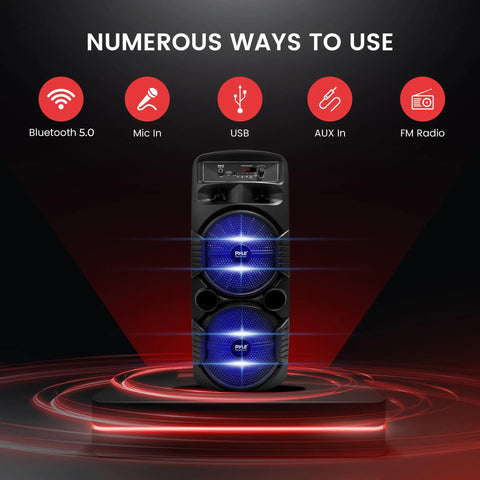 Front view of the Beast 600W Peak Portable Bluetooth PA Speaker System with dual 8-inch subwoofers and 1-inch tweeter.