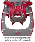 Close-up of Lightweight Womens Backcountry Snowshoes With Paragon Bindings 22 Inch Gunmetal, narrow decking and bindings detail.