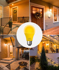 Amber Dusk To Dawn Outdoor Bug Light Bulbs 2 Pack Auto On Off E26 Base 10W 100W Equivalent shown in porch settings