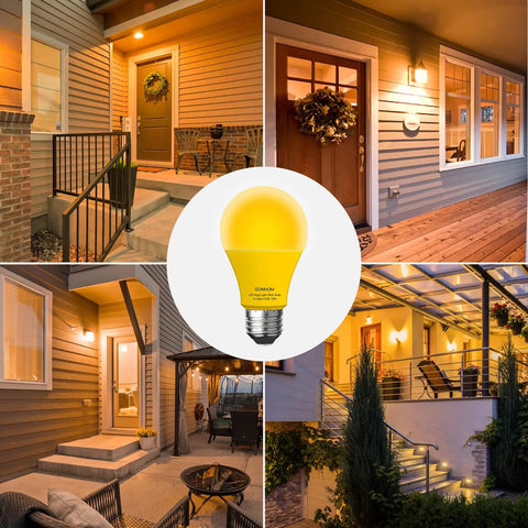 Amber Dusk To Dawn Outdoor Bug Light Bulbs 2 Pack Auto On Off E26 Base 10W 100W Equivalent shown in porch settings