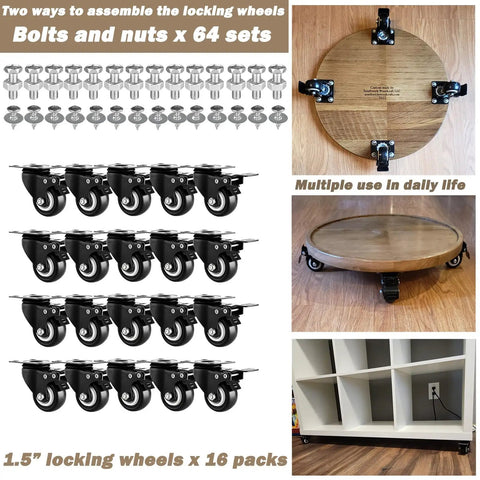 Beefy 1.5 Inch Caster Set Of 16 Heavy Duty Industrial Wheels With Brakes PU No Noise Wheels 360 Degree Rotation for furniture