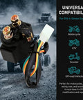 Built Tough Starter Solenoid Relay For Motorcycle Scooter With Heavy Duty Copper Terminals Vibration Resistant Construction angled view with wiring harness.