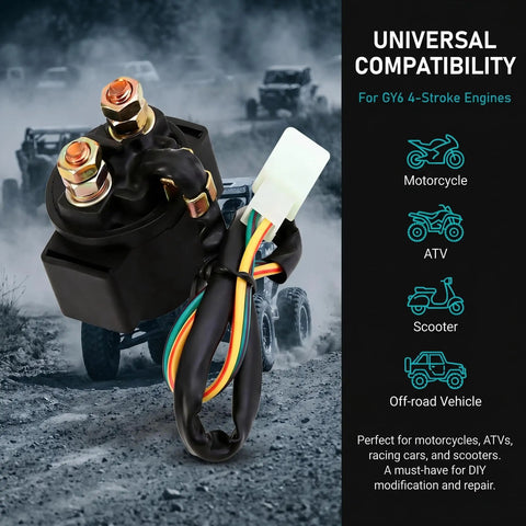Built Tough Starter Solenoid Relay For Motorcycle Scooter With Heavy Duty Copper Terminals Vibration Resistant Construction angled view with wiring harness.