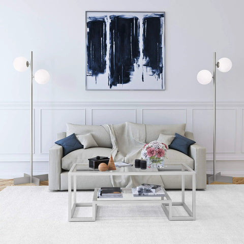 Room with Two Light Floor Lamp With Glass Shade In Nickel And White Milk Finish Tall 70.5 Inch Standing Lamp with art piece