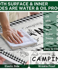 Person cleaning Three Piece Picnic Table Cover Set With Bench Covers, Elastic Edges, Farm Plaid Fitted Tablecloth, 72 Inch Outdoor Patio Camping Essentials with towel