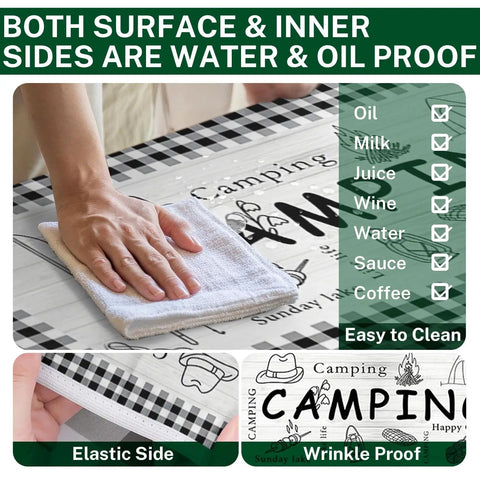 Person cleaning Three Piece Picnic Table Cover Set With Bench Covers, Elastic Edges, Farm Plaid Fitted Tablecloth, 72 Inch Outdoor Patio Camping Essentials with towel