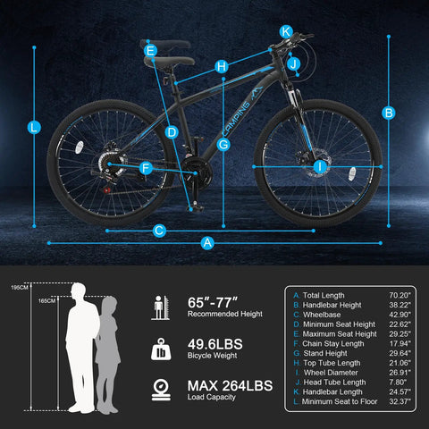 Diagram of 26 or 27.5 inch mountain bike for adults with measurements and specifications, showing 21 speed shifting, blue frame