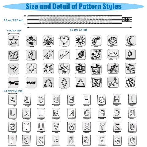 Leather Stamping Tools Kit With 2 Punch Tools 70 Piece Set, showing metal letter, number, and pattern stamps.