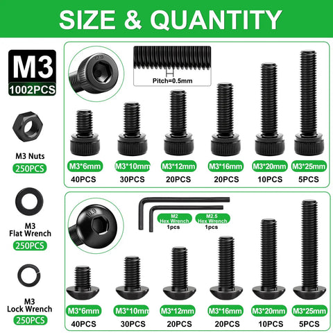 Complete M3 Hardware Kit 1002-Piece Set With Hex Socket Cap Head And Button Head Screws, sizes M3x6 to M3x25, black zinc plated