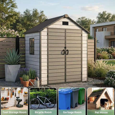 6 By 4.4 Ft Backyard Storage Shed With Floor Durable 16mm Resin Construction Weatherproof Lockable Tool Shelter in Garden